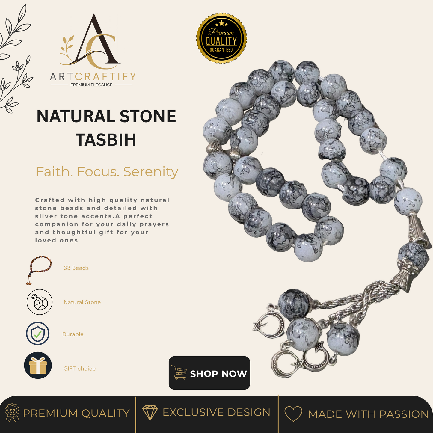 Gray Precious Marble Tasbeeh